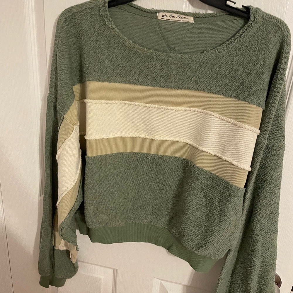 Light green and white Free People distressed look pullover